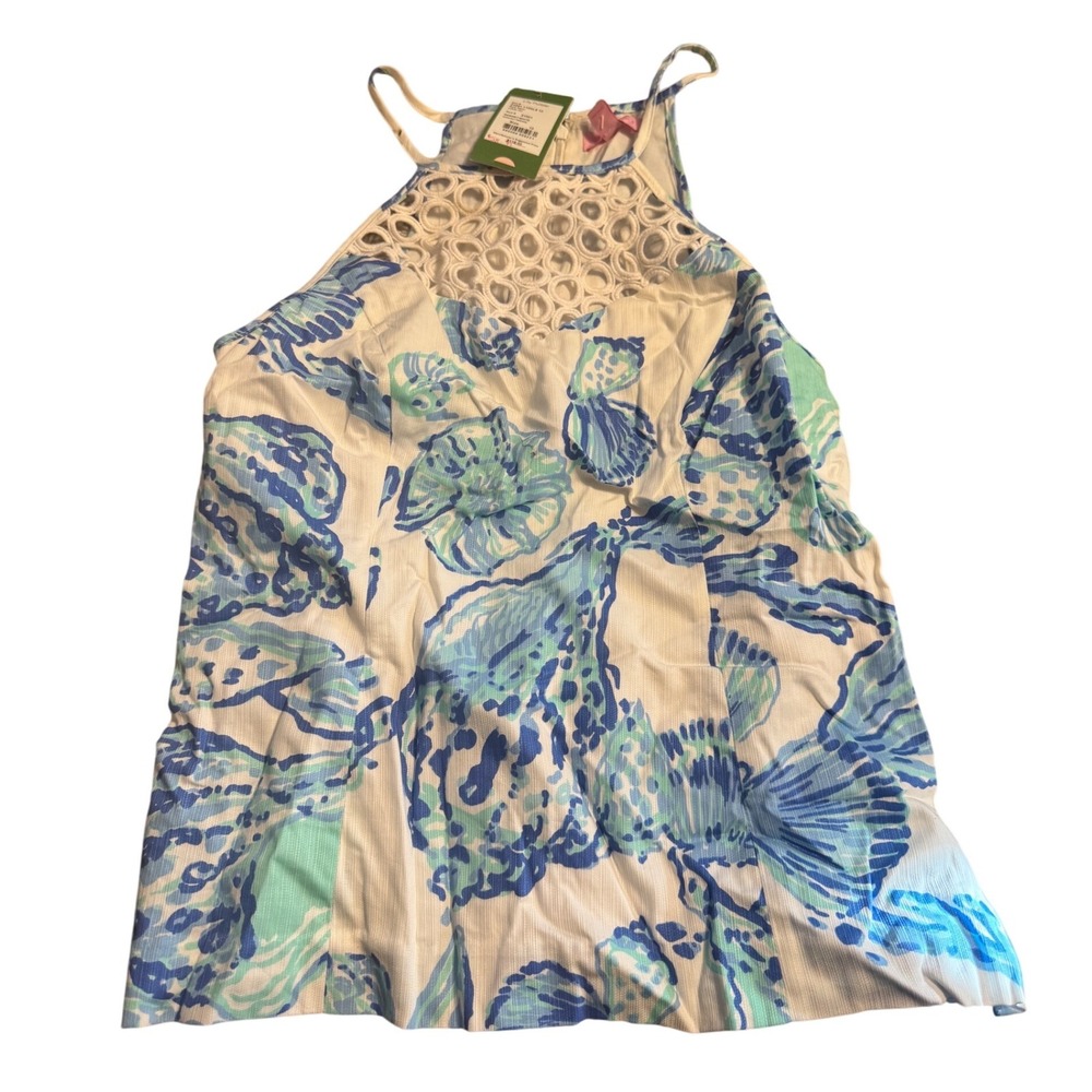 NWT Lilly Pulitzer Womens Tank Size 10 White Blue Green Shell Print Halter Neck
